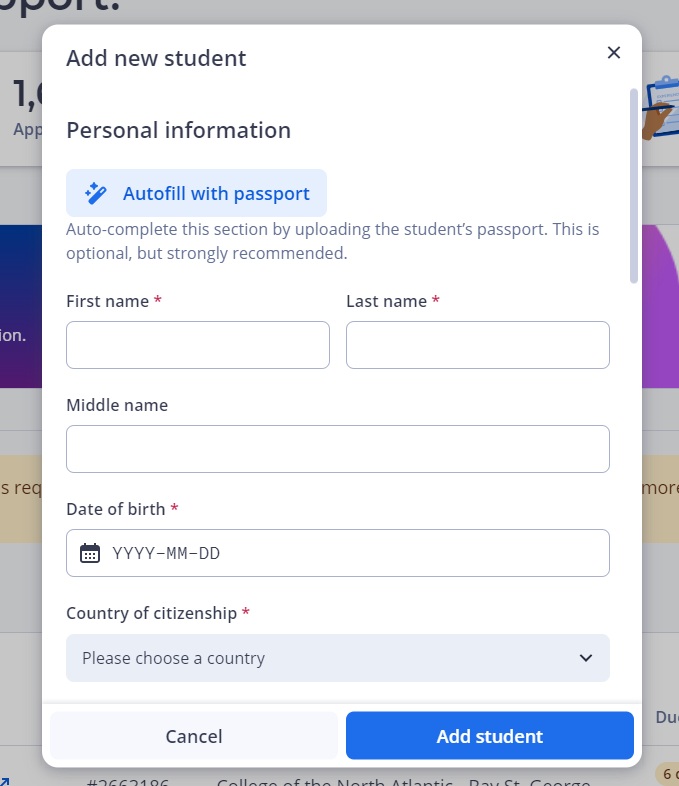 Add New Student form.