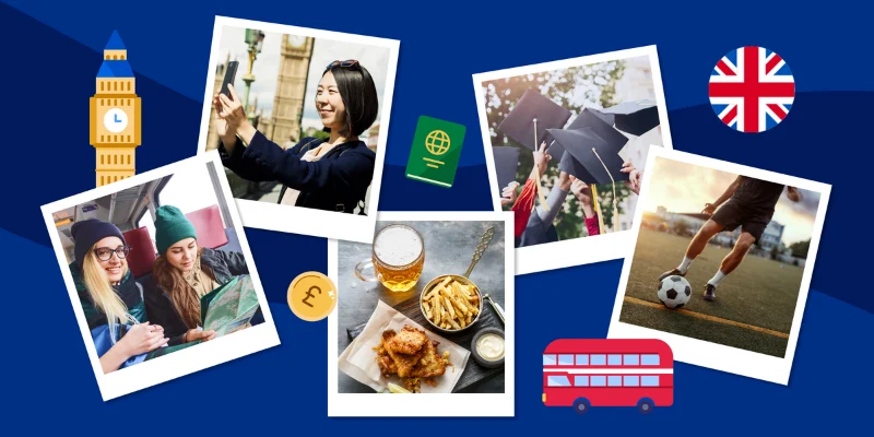 Collage of photo snapshots depicting UK student life, culture, sightseeing, and graduation.