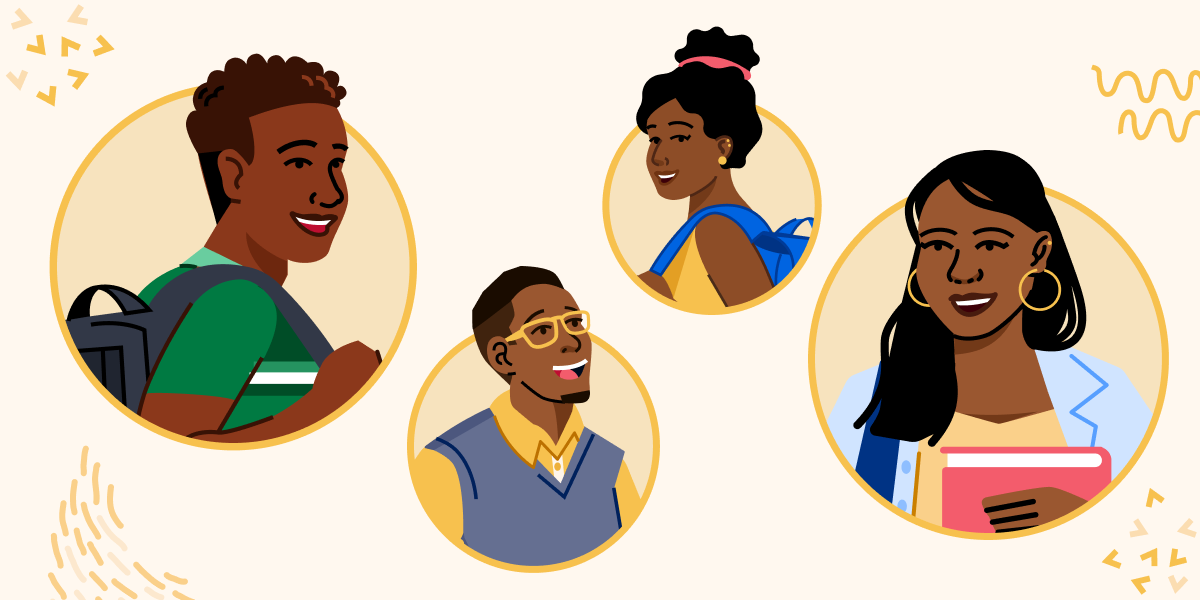 Illustration of multiple students smiling, holding books, and wearing backpacks.