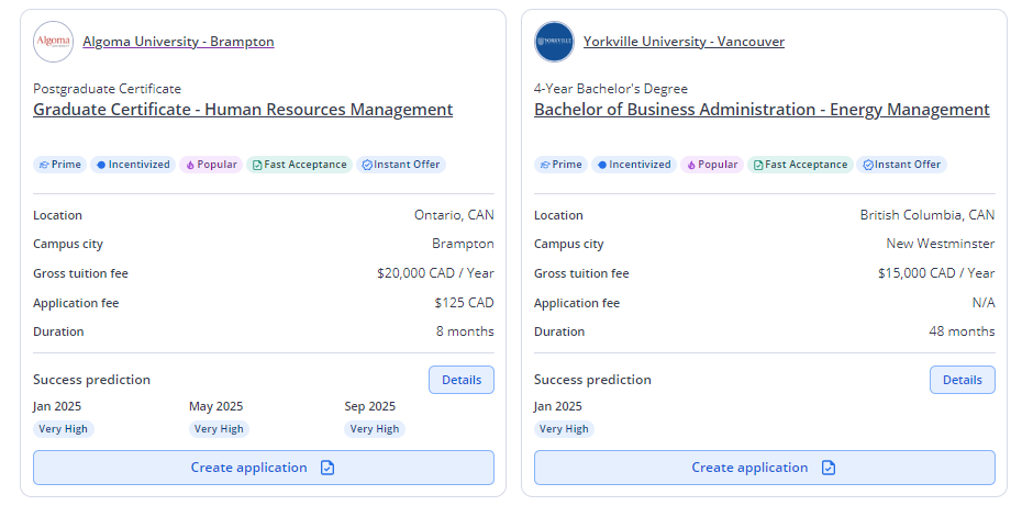 Program cards for Yorkville University and Algoma University. Each program card contains a blue-coloured 'Create application' button.