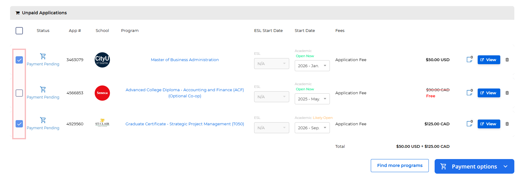 Checkboxes listed next to unpaid applications in the Application Cart.