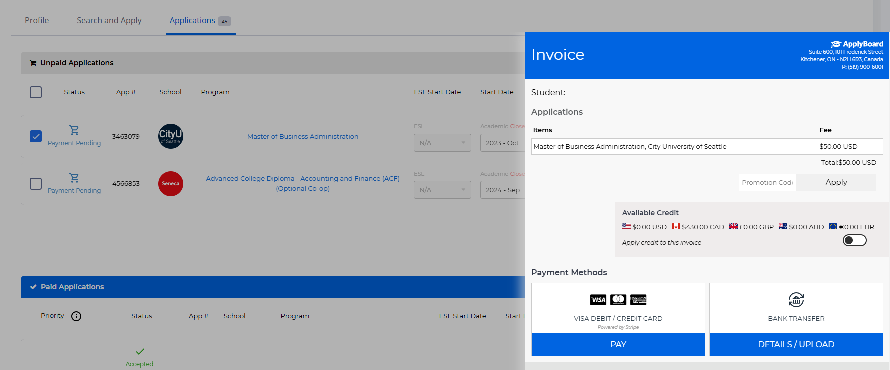 The Invoice pop-up within the Application Cart provides options to pay via visa debit /credit card, via bank transfer, or with ApplyCredits.