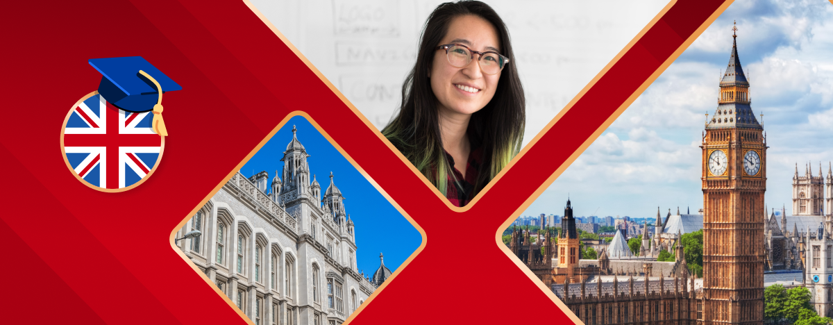 The image includes places in the UK, along with a studenr smiling, and an image of the Union Jack.