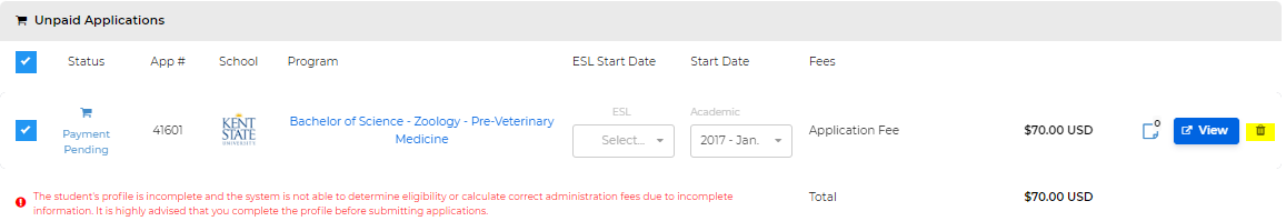 The trash can icon next to an unpaid application in the Application Cart.