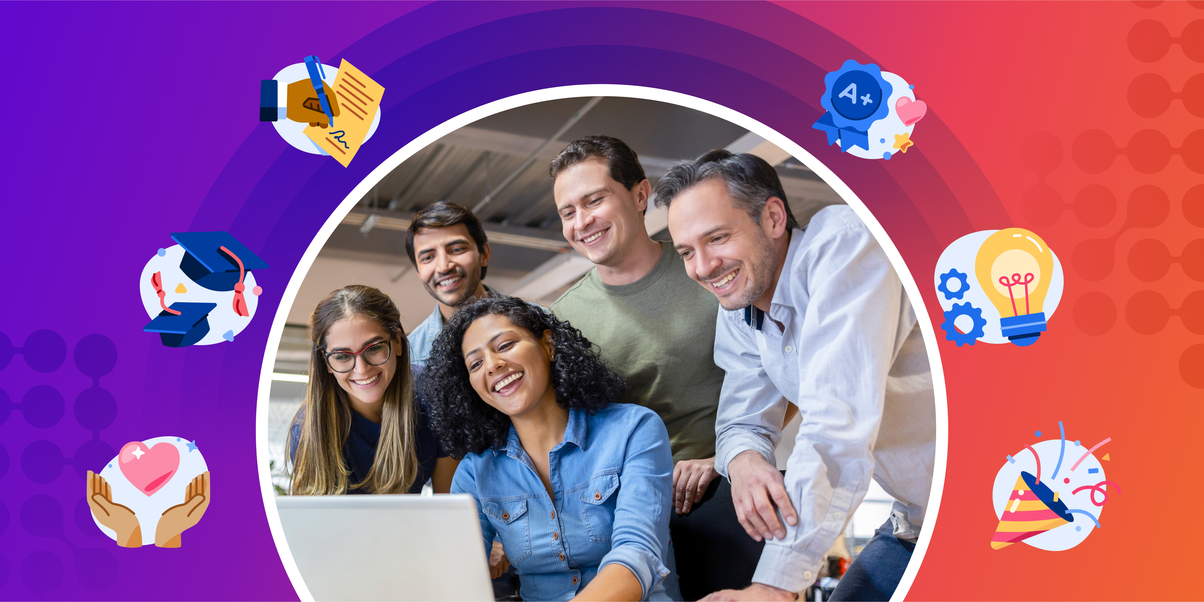Purple and orange banner showing recruitment partners huddled around a laptop.
