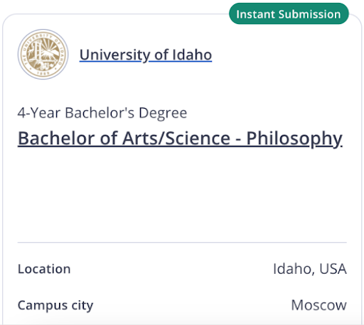 Image showing a program card with the green Instant Submission badge in the top-right corner of the card.