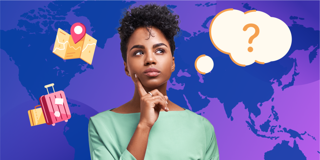 A thoughtful student with a question mark bubble and travel icons against a purple world map, representing the process of choosing the right study abroad program.