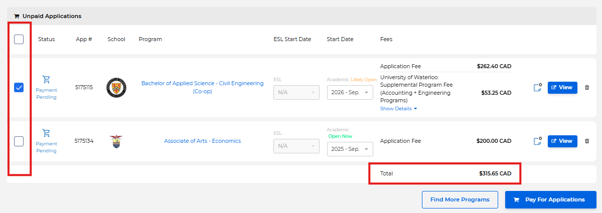 A screenshot of the Unpaid Applications dashboard on ApplyBoard showing a list of selected programs, their individual application fees, and a red box highlighting the total amount due before clicking the Pay For Applications button.