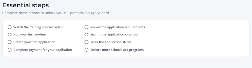 Image showing the essential steps on the recruitment partner dashboard, prompting action items for new recruitment partners
