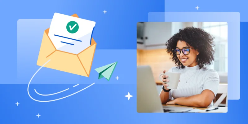 A smiling woman holding a mug and working on a laptop alongside a graphic of an open offer letter with a checkmark.