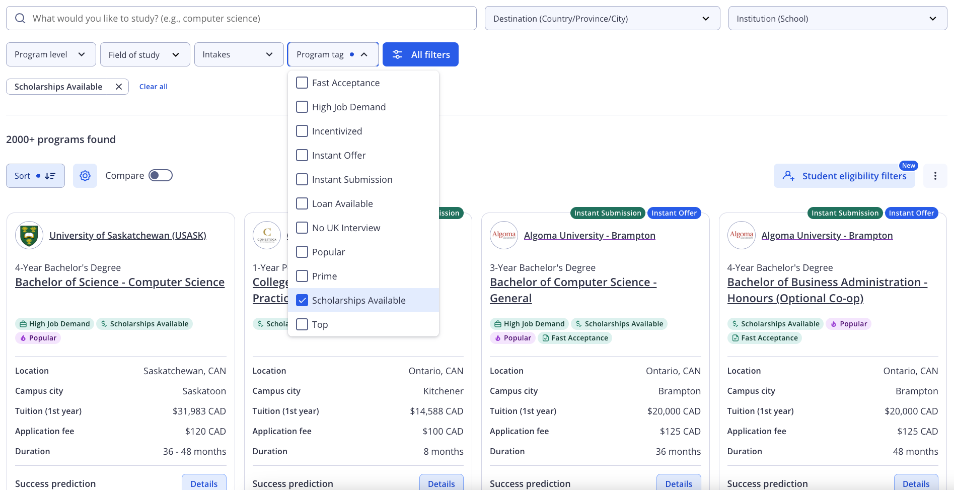 Image showing the program search filters with only programs with scholarships available selected