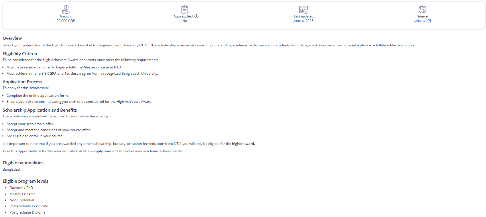 Image showing an expanded link to scholarship information, with more information about that scholarship