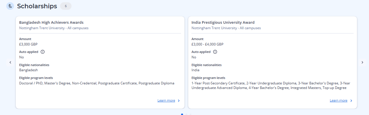 Image showing scholarship invormation available for that institution or program, on cards