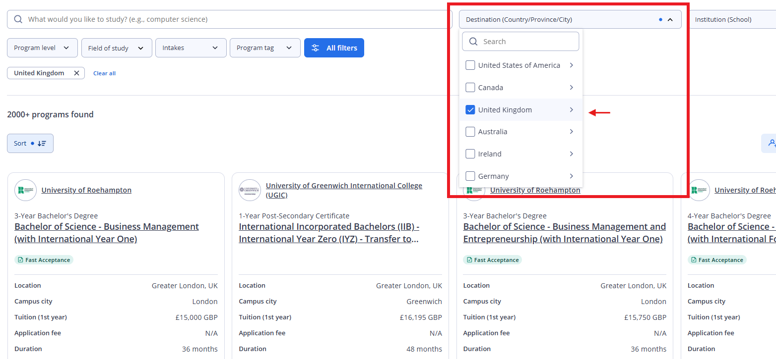 United Kingdom is selected from the Destination dropdown menu.