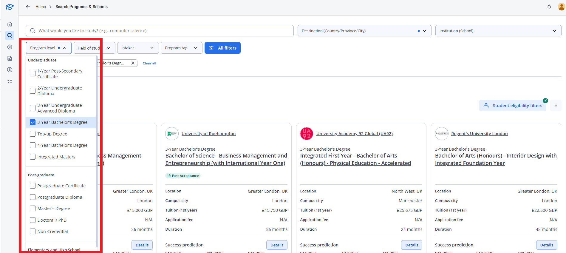 The image shows the ApplyBoard Search page with the Program level dropdown open with 3-Year Bachelor's Degree. 