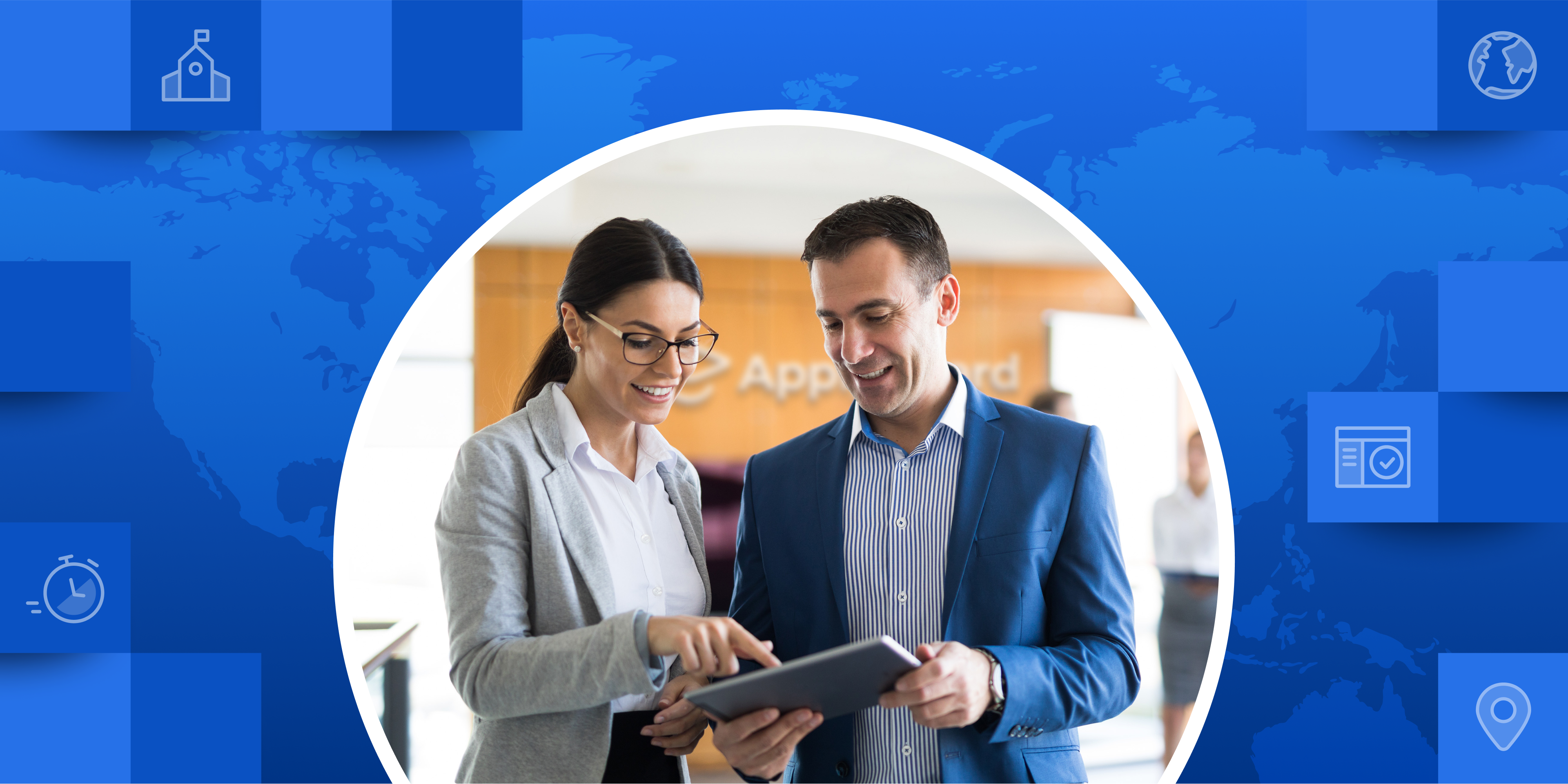 Blue banner showing two recruitment partners looking down at a tablet