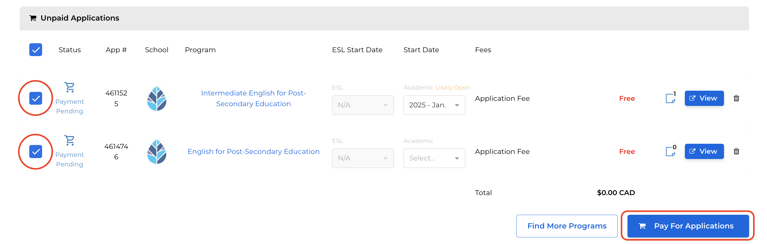 An image of unpaid applications in the Application Cart. The applications are listed as 'Free'. In the bottom-right corner is a blue-coloured 'Pay for Applications' button.