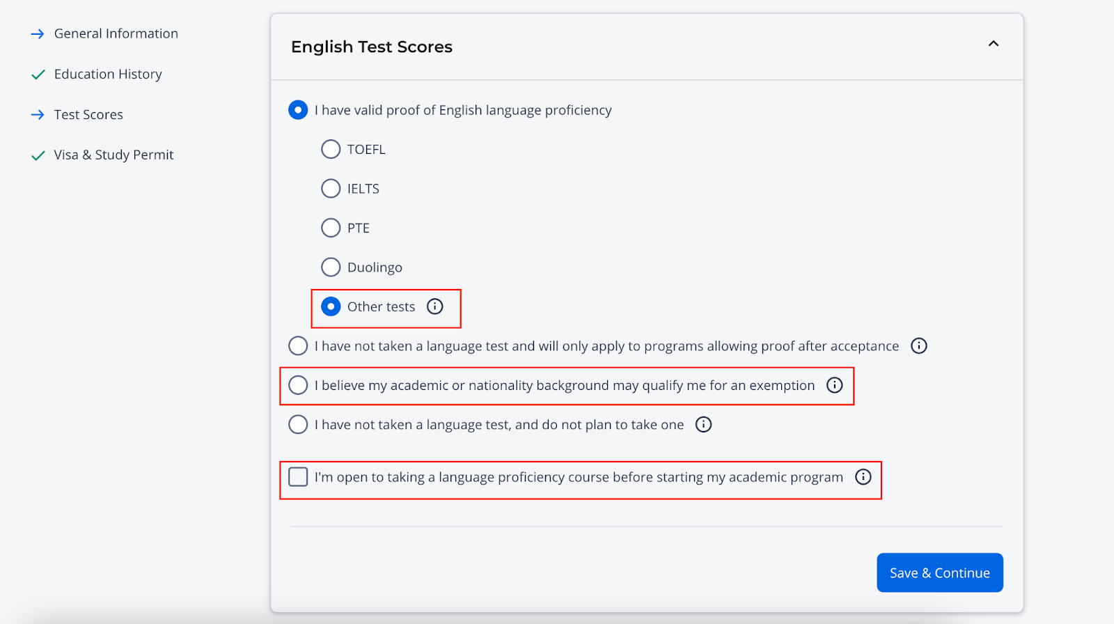 Image showing the student eligibility filter option to select 'other' when selecting english test scores