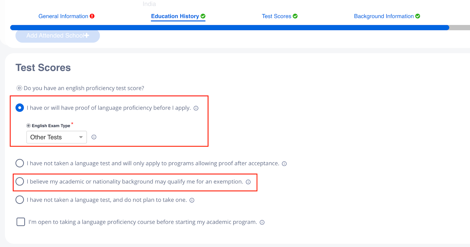 IMage showing the ability to select other in test scores in the Students tab