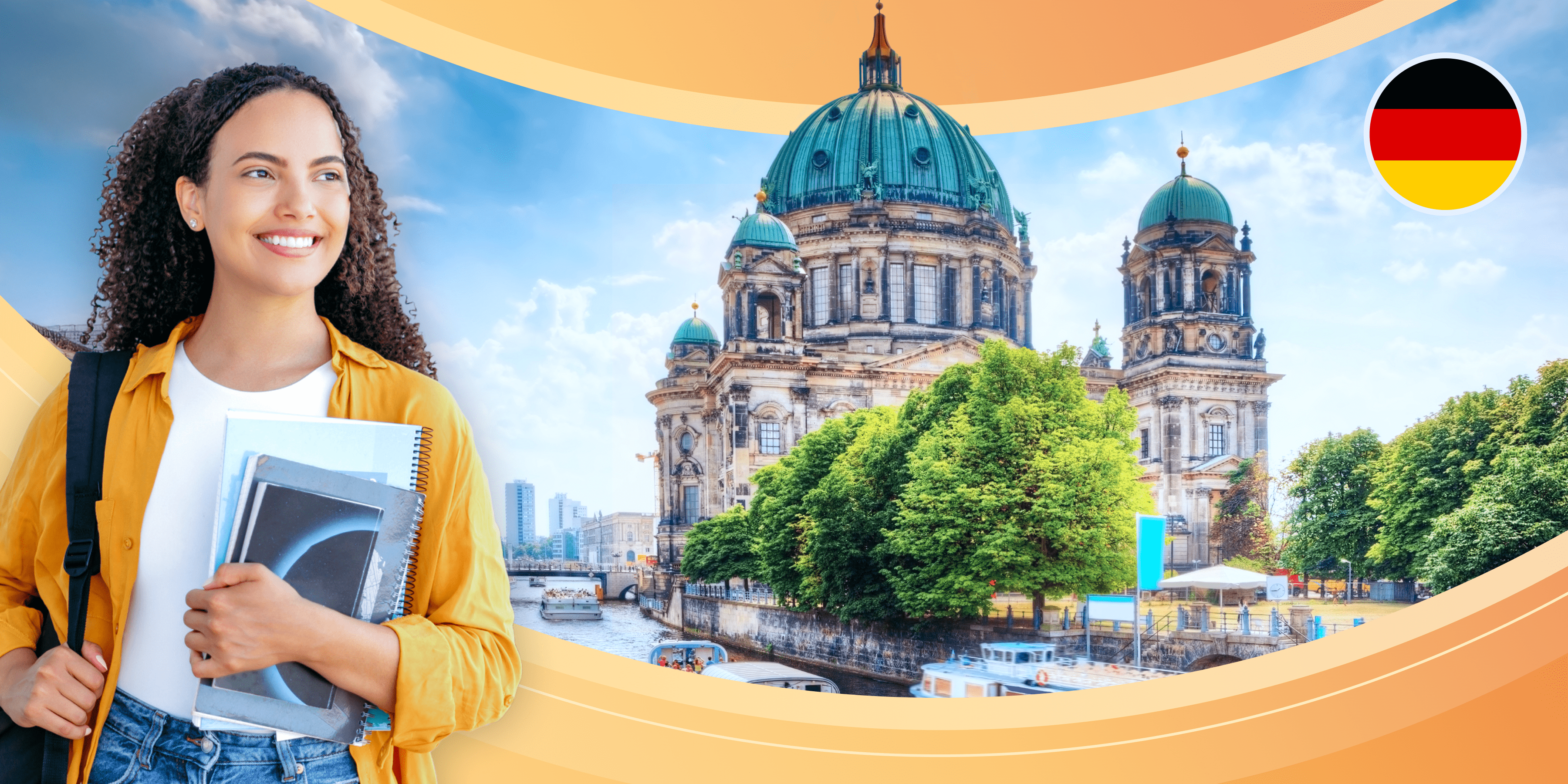 A smiling international student holding notebooks and a laptop, standing in front of the Berlin Cathedral (Berliner Dom) in Germany, representing the journey of studying abroad.