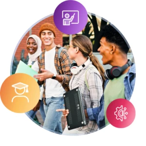 A diverse group of students walking and talking on campus, with circular icons for tuition fees, shopping, and target savings, representing financial planning for UK study.