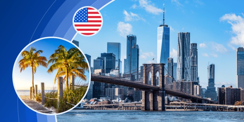 The Brooklyn Bridge against the New York City skyline with a circular inset of a tropical palm tree beach.