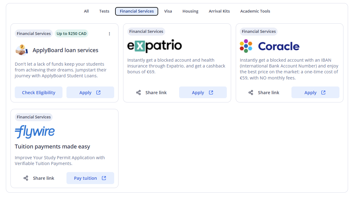 The ApplyBoard 360 Solutions dashboard highlighting the 'Financial Services' tab, showing the 'Check Eligibility' button for ApplyBoard student loan services alongside other partner options.
