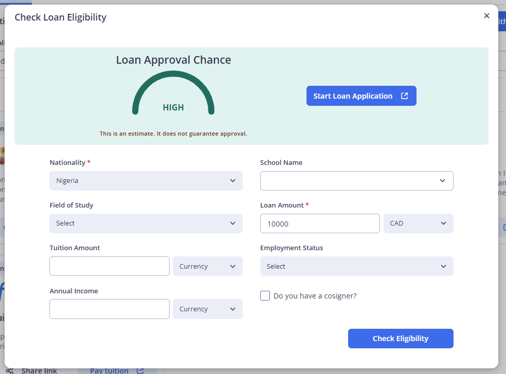 The ApplyBoard student loan eligibility calculator form showing a 'HIGH' loan approval chance estimate for a student from Nigeria, with fields for tuition amount, annual income, and loan amount.