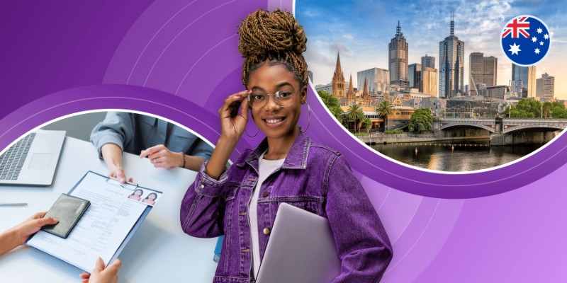 A smiling female international student holding a laptop, set against a purple graphic background featuring a visa application review on the left and the Melbourne, Australia skyline with an Australian flag icon on the right.