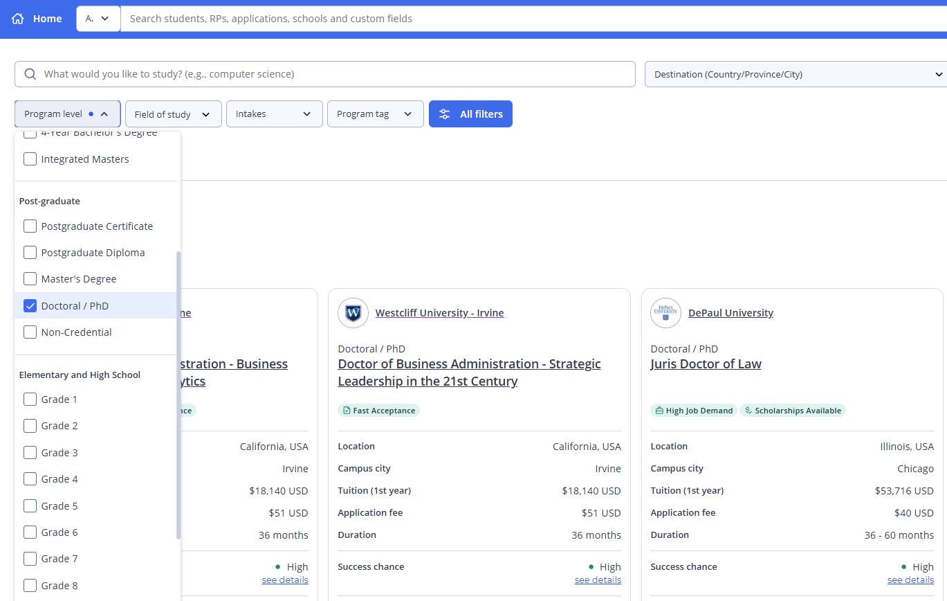 : A screenshot of the ApplyBoard Recruitment Partner search page, showing the Program Level dropdown menu with a blue checkmark next to the Doctoral/PhD option.
