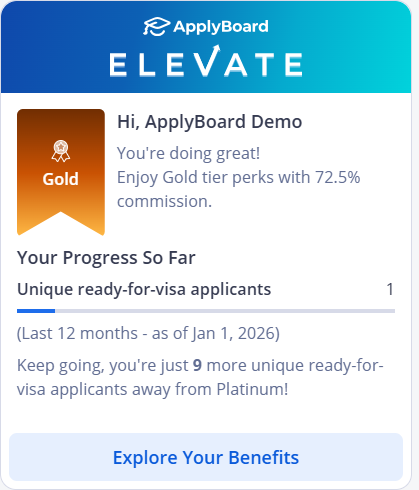 Image showing the ApplyBoard Elevate panel on the recruitment partner dashboard