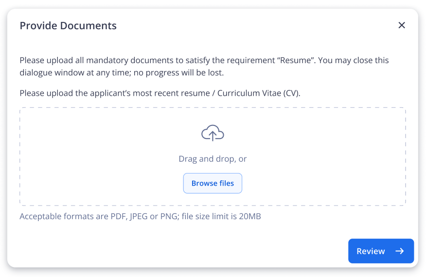 Screenshot of a Document Upload Requirement where users upload documents to the requirement