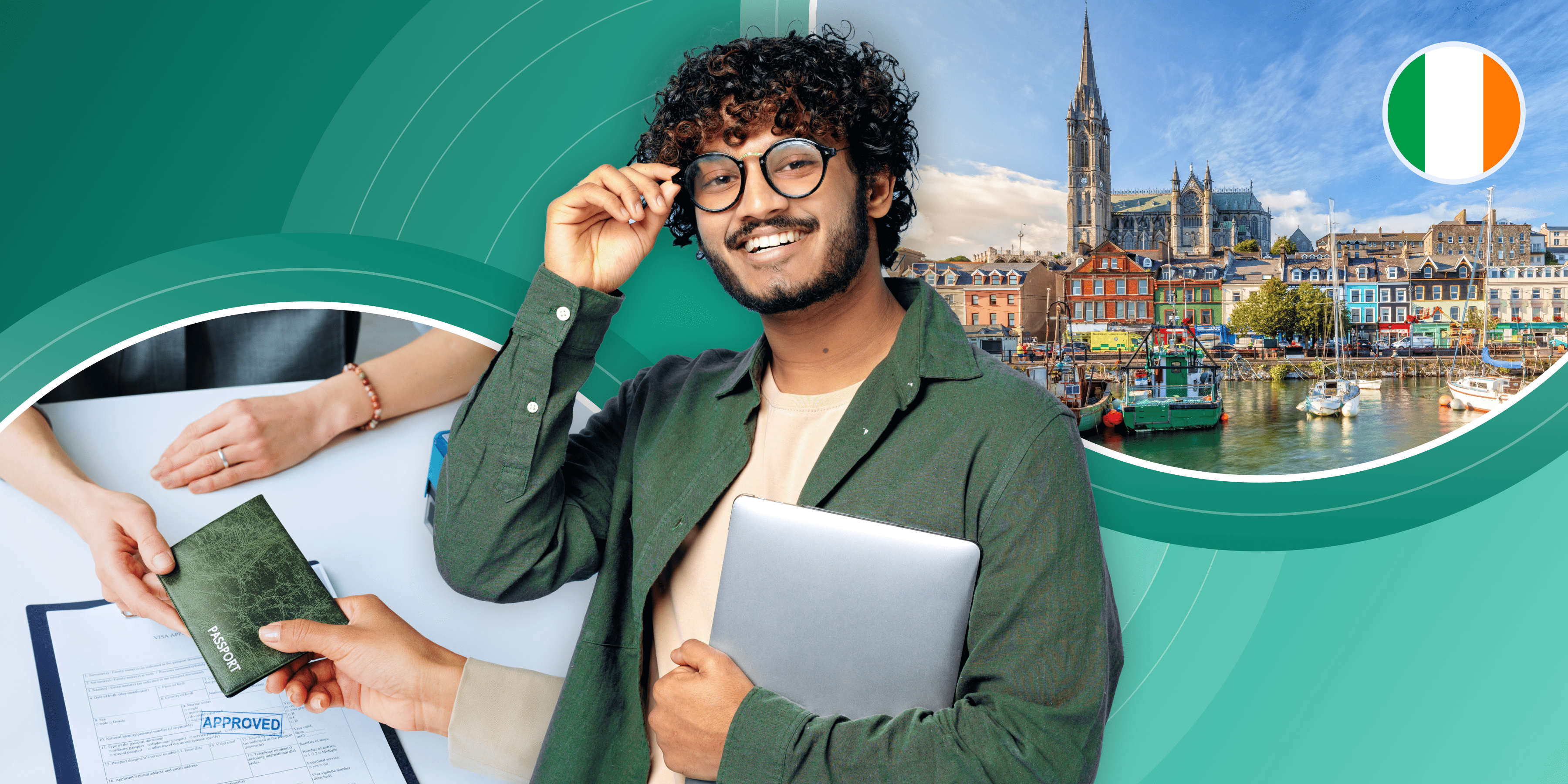 Green banner showing an Irish town, s student, and the exchanging of documents
