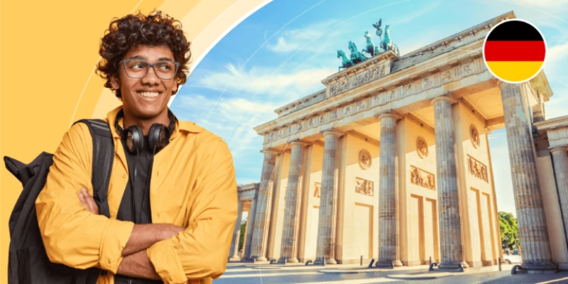 A smiling student with a backpack standing in front of the Brandenburg Gate in Berlin, featuring a German flag icon.