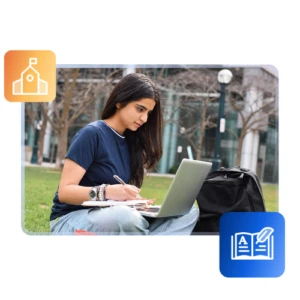 A student studying outdoors with a laptop, overlaid with icons representing an institution, an open book, and a visa document.