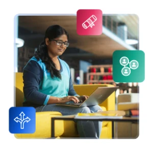 A female student wearing glasses sits on a yellow sofa in a modern library, working on a laptop. The image is overlaid with four colorful icons: a pink graduation scroll, a green networking icon with three people, a blue three-way directional arrow, and a yellow background highlight.