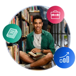 Student sitting in a library surrounded by circular icons representing money, savings, and financial growth.