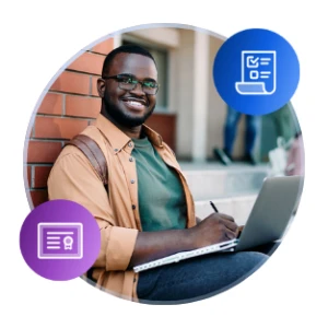 A smiling student sits on outdoor steps while working on a laptop, flanked by icons of a certificate and a checklist.