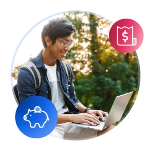 Smiling student using a laptop outdoors, surrounded by piggy bank and dollar sign icons.