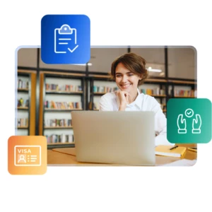 A happy female student sitting in a library smiling at her laptop screen, framed by colorful floating icons representing an approved checklist, an award ribbon, and a success checkmark.