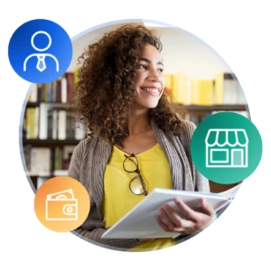 Happy international student in a library with graphics symbolizing successful student visa applications and academic support.