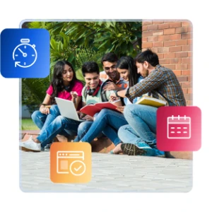 A diverse group of five students sitting outdoors studying together, surrounded by graphic icons of a timer, a calendar, and a completed checklist.