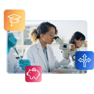 A female student thoughtfully working on her laptop, surrounded by floating icons representing credential verification and research.