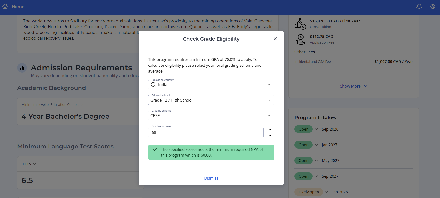 A screenshot of the Check Grade Eligibility pop-up window. It shows a completed calculation for a student from India with a CBSE grading scheme and a score of 60. A green success message at the bottom confirms that the score meets the program's minimum requirements.