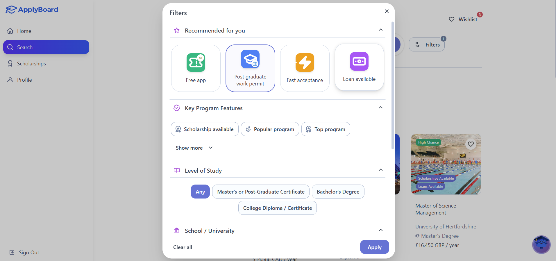 A screenshot of the ApplyBoard Filters window. The Post graduate work permit filter is highlighted with a blue border, and other options like Free app, Fast acceptance, and Loan available are visible. Below, Level of Study options such as Master's or Post-Graduate Certificate and Bachelor's Degree are also shown.