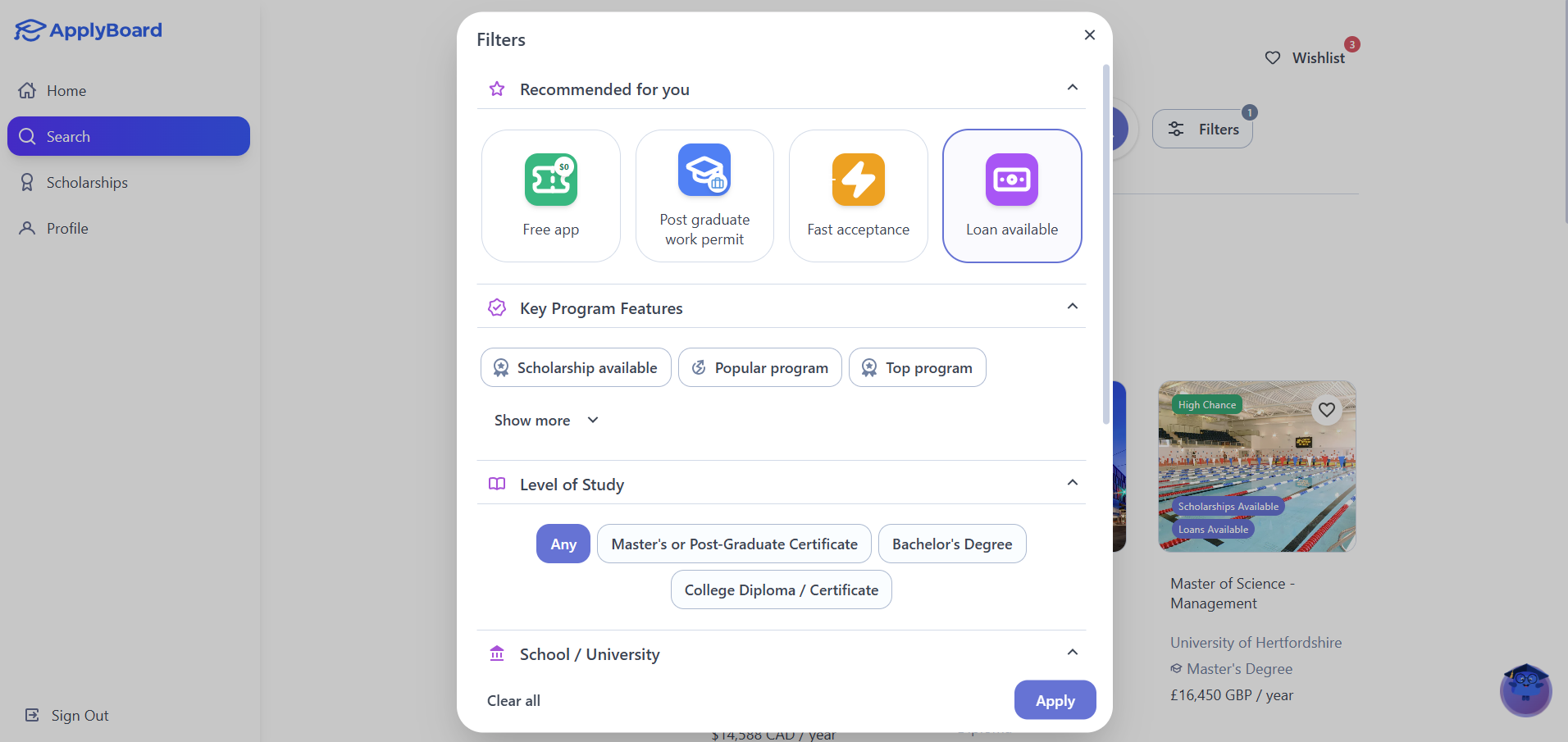 Screenshot of search filters on ApplyBoard with a blue border highlighting the Loan available filter button.