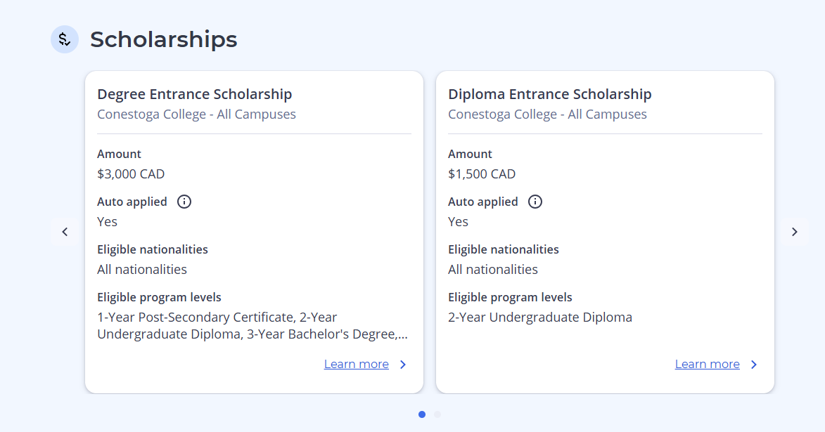 Screenshot of the Scholarships section on ApplyBoard showing two scholarship cards for Conestoga College: a Degree Entrance Scholarship for 3,000 CAD and a Diploma Entrance Scholarship for 1,500 CAD.