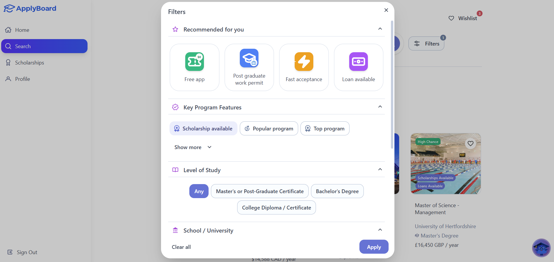 Screenshot of the ApplyBoard search filters window with a blue border highlighting the Scholarship available filter button.