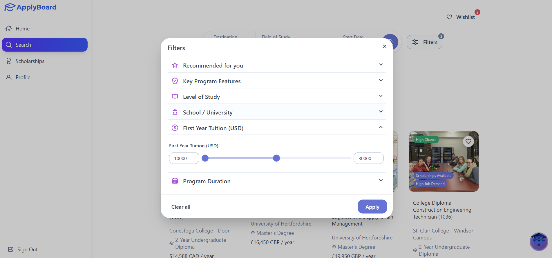 Screenshot of the First Year Tuition (USD) filter on ApplyBoard showing a range slider set between 10,000 and 50,000 with circular toggles on a blue line.