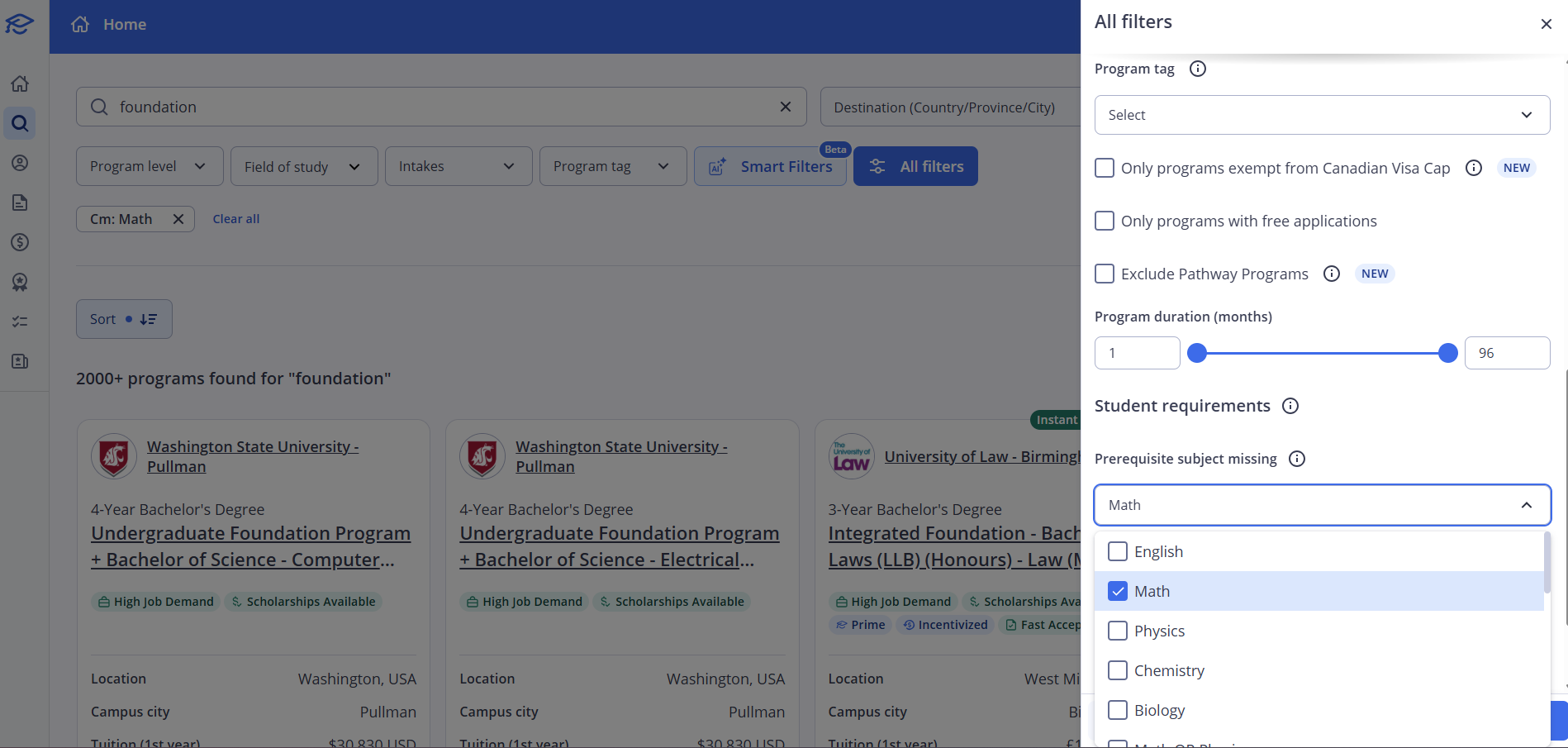 A screenshot of the ApplyBoard Recruitment Partner search platform. The All filters sidebar is open on the right, showing the Prerequisite subject missing dropdown menu with a blue checkmark next to Math. In the background, search results for foundation programs at Washington State University and the University of Law are visible.